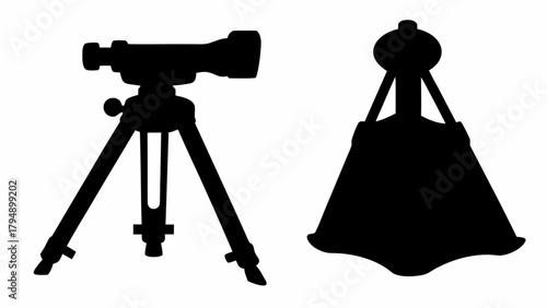 Silhouette of a telescope on a tripod and a hanging lamp shade on a white background scene