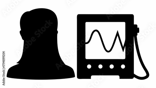 Silhouette of a person next to a heart monitor displaying a wavy line in black and white style