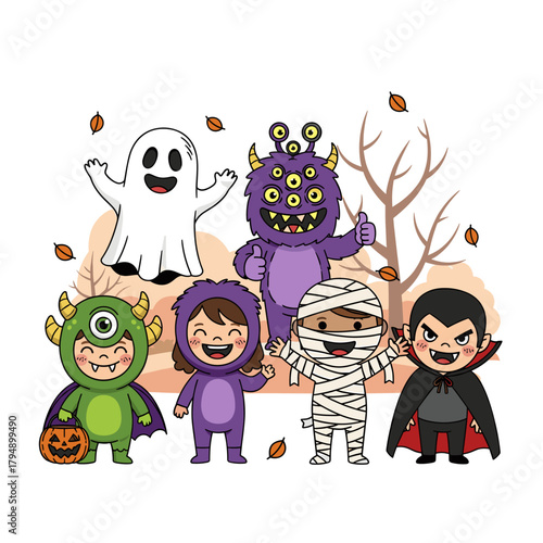 Happy Kids in Monster, Ghost, Mummy, and Vampire Halloween Costumes with Autumn Leaves Background