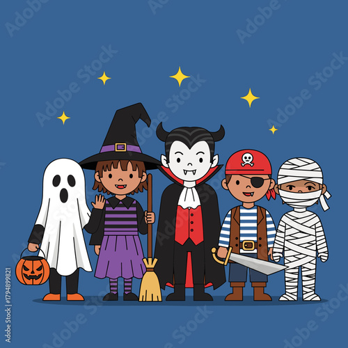 Cute Children in Halloween Costumes Illustration: Ghost, Witch, Vampire, Pirate, Mummy Characters. Festive Kids' Party.