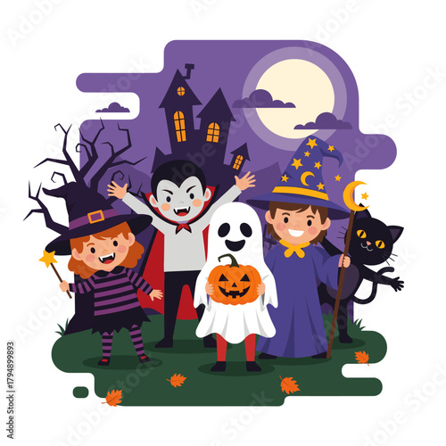 Happy Halloween Kids Party Illustration: Children in Spooky Costumes with Haunted Castle & Full Moon Background
