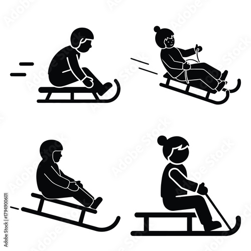 sledding child silhouette clipart set