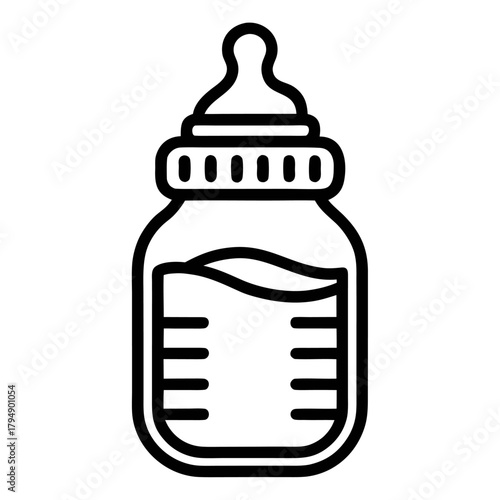 A clean, black and white line drawing of a baby bottle filled with liquid, featuring measurement markings and a nipple.