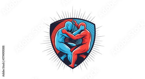 Two wrestlers grappling in a shield emblem with radiating lines.