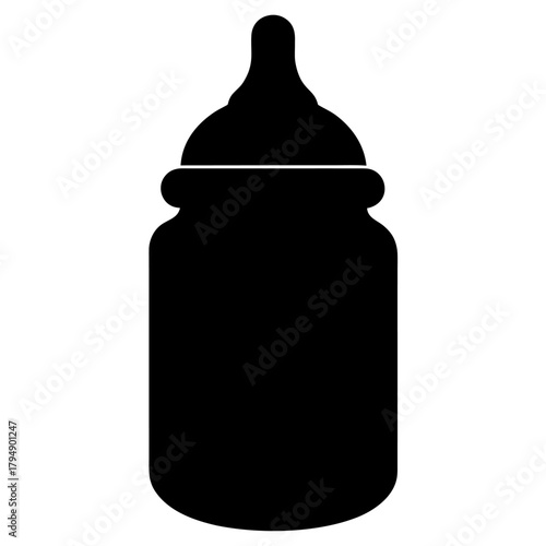 A minimalist black silhouette of a baby bottle with a nipple and cap, isolated on a white background.