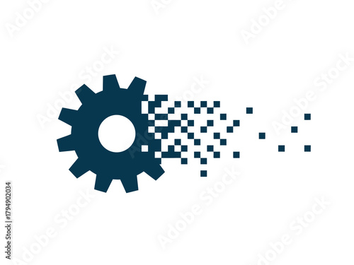 Digital transformation concept with a gear dissolving into pixels