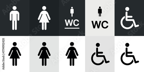 Collection of modern restroom and accessibility signs for men women and disabled individuals