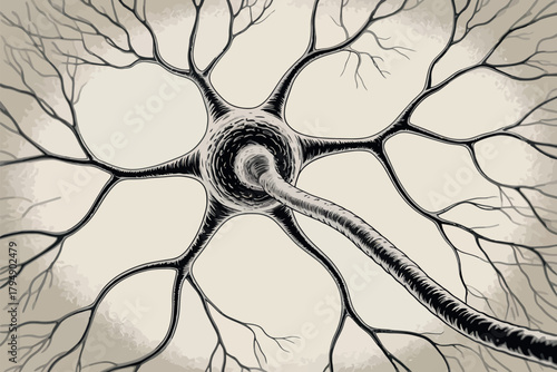 Detailed illustration of a neuron cell body with branching dendrites and axon