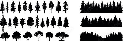 Forest silhouettes vector set, pine trees clipart, woodland landscape borders, evergreen icons, nature tree collection, isolated black design elements bundle