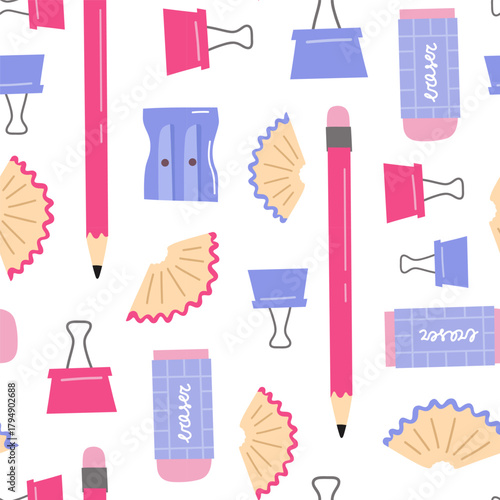 Seamless pattern with school supplies. Back to school. Vector flat illustrations of pencils, eraser and paper clips