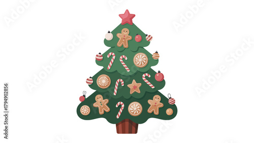 Festive Tree: A decorated Christmas tree adorned with ornaments, candy canes, gingerbread man and star topper symbolizes holiday spirit, seasonal decor.