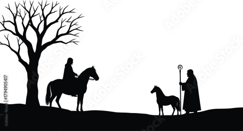 Equestrian Silhouette with Horseman Meeting Shepherd by Bare Tree Landscape