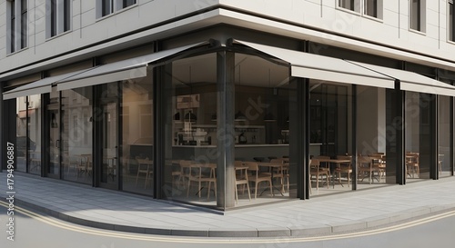 Exterior of a modern corner building with glass walls and awnings on a city street