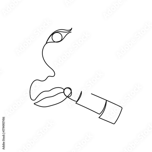 Woman lips with lipstick. Minimalist one line vector illustration. Perfect for beauty, fashion, makeup, cosmetics, skincare, self-care, glamour projects.