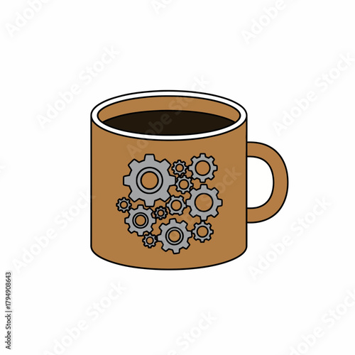 Illustration of a brown coffee mug with dark coffee and gray gears on the side in a white background