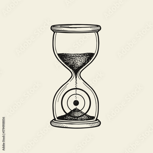 Hand drawn illustration of an hourglass with sand flowing and target inside the bottom bulb showing time passing