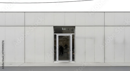 Minimalist modern building facade with a central glass door entrance