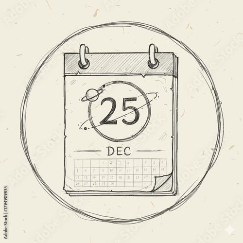 Illustration of a december calendar page with the date the twenty fifth circled in a ring