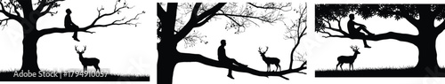 Silhouette scenes of a man sitting on a tree branch observing deer