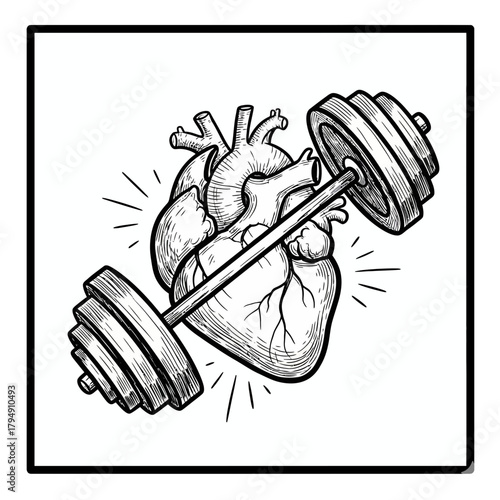 Anatomical heart lifting a barbell with weights in a black and white drawing style illustration image
