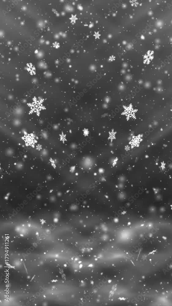 vertical falling snow animation abstract background, white snowfall overlay with snowflakes swirling and falling to ground