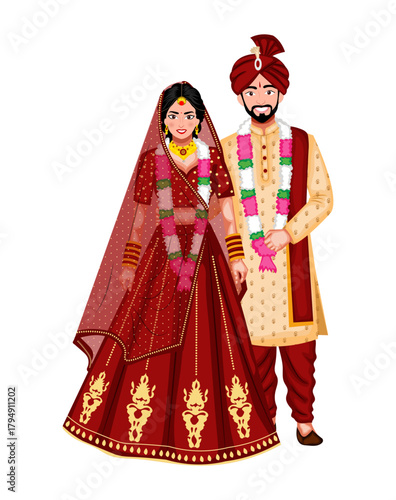 Indian Wedding Couple Standing Together in Traditional Attire – Vector Illustration