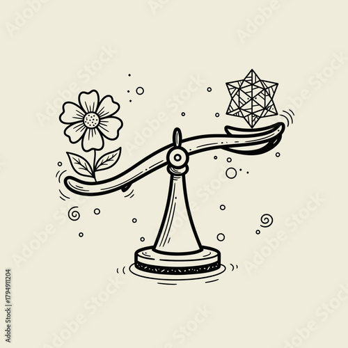Illustration of a balance scale with a flower on one side and a geometric shape on the other side
