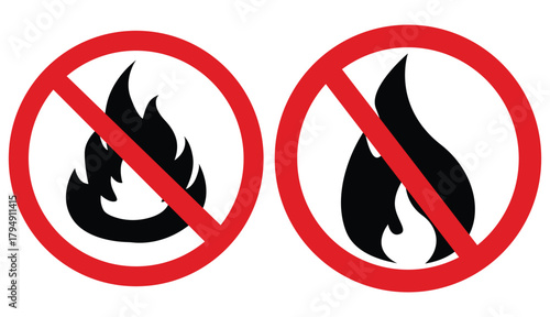 No Fire Sign Vector – Red Circle with Slash Over Flame Icon, Safety Prohibition Symbol