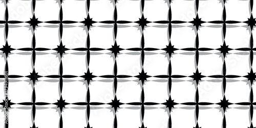 Black and white abstract geometric background with a repeating grid of star-like cross shapes.