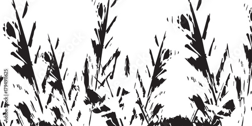 Monochrome abstract pattern of distressed, spiky grass silhouettes on a white background.