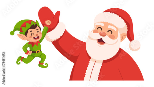 A Jolly Christmas Encounter: Santa Claus and elf share a moment of mirth and merriment, perfectly capturing the spirit of Christmas.