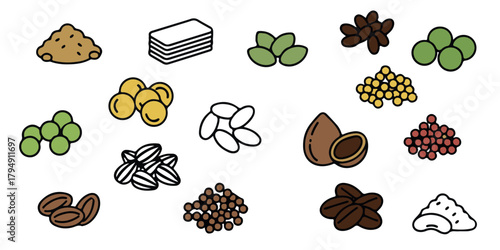 A diverse collection of illustrated seeds, nuts, and grains, including coffee beans, peas, and almonds, on a white background.