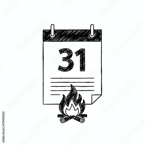 Illustration of a calendar page with the number thirty one and a campfire below it in black and white