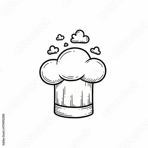 Illustration of a chef's hat with steam or clouds rising above it in a simple black and white drawing
