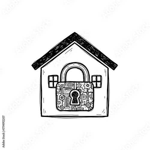 Illustration of a house with a complex mechanical padlock in place of the front door security