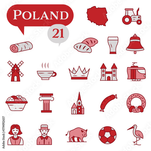A set of red and white icons dedicated to life in Poland.