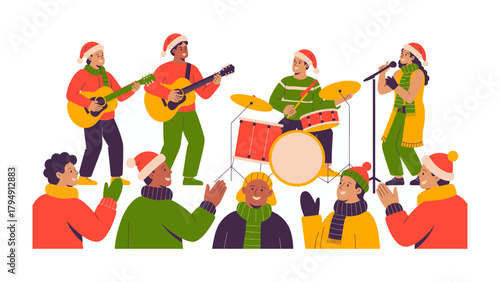 Joyful Carolers: A cheerful band of musicians spreads festive joy, singing holiday carols in a heartwarming display of community spirit. capturing the spirit of Christmas and togetherness.