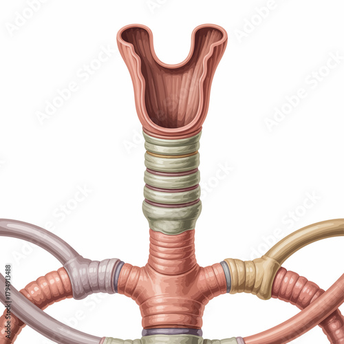 Close up illustration of the human larynx and trachea with bronchi