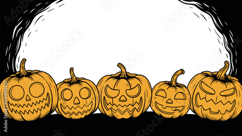 Five spooky jack o lanterns lined up against a full moon background