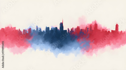 Abstract watercolor skyline with red and blue hues