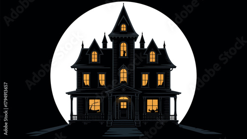 Spooky victorian mansion silhouette against a full moon