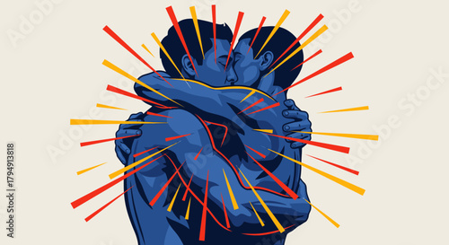 Two men embracing with radiating lines of energy.