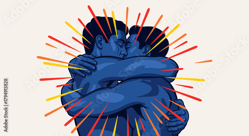 Two men embracing in a passionate and emotional hug, radiating warmth and connection.