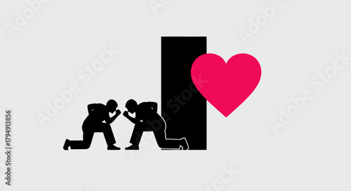 Two figures pushing against a barrier with a heart symbol.