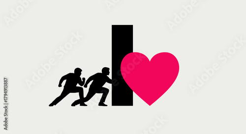Two people running towards a large pink heart symbol.