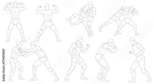 Dynamic Wrestling Poses Collection - Athletes in Various Grappling Stances and Actions.