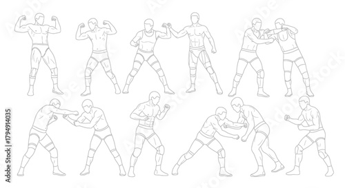 Dynamic Wrestling Poses Collection Illustrating Various Grappling Techniques and Combat.