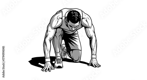 Male athlete in starting position ready to sprint on a white background.