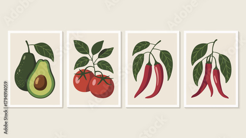 Botanical illustrations of avocado tomatoes and chili peppers on branches