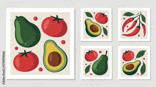 Vibrant still life collection of avocados tomatoes and chili peppers